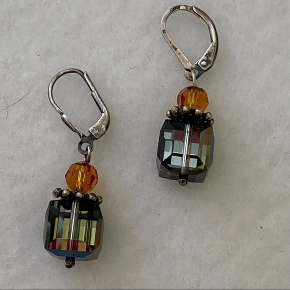 925 Sterling Silver Green Yellow Crystal Minimalist Cube Drop Earrings NEW
